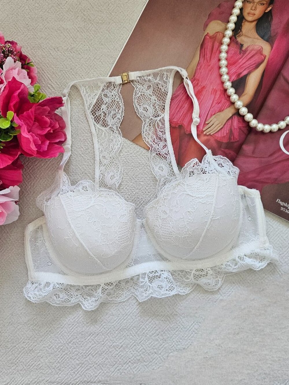 White Floral Lace Racerback Bra - Size 34 (Fits B-C Cup)